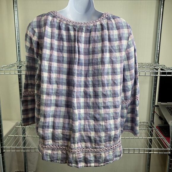 Chico's Women's Purple Gingham Linen Popover Top Size 3 XL Crochet Boho Tunic - Picture 5 of 13